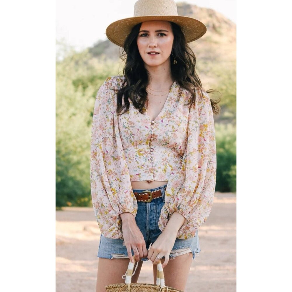 ASTR The Label Cropped Top Floral Cottagecore Boho Smocked Large Lined Fairycore